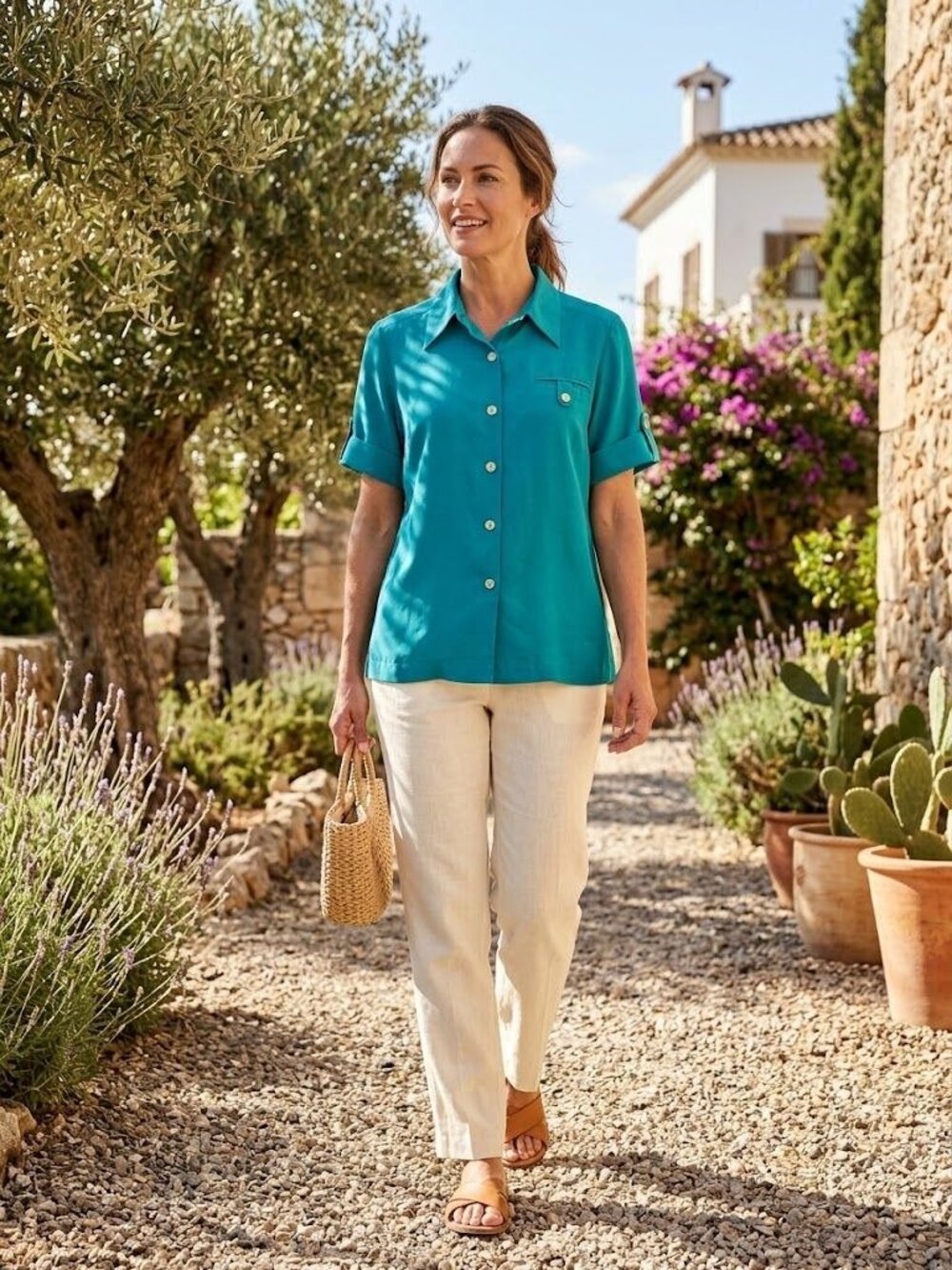 TravelSmith Womens Teal Button-Down Short Sleeve Shirt MP Polyester Lightweight